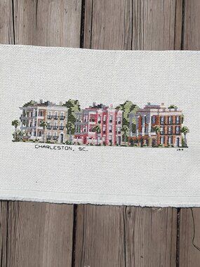 Finished Cross Stitch Charleston SC Street Scene Houses Completed 14" x 8.5"